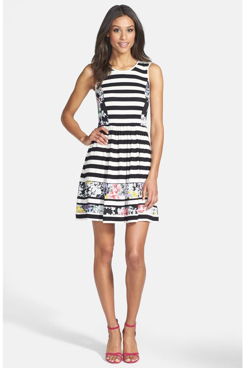 Floral Inset Stripe Jersey Dress, Alternate, color, BLACK/ WHITE MULTI