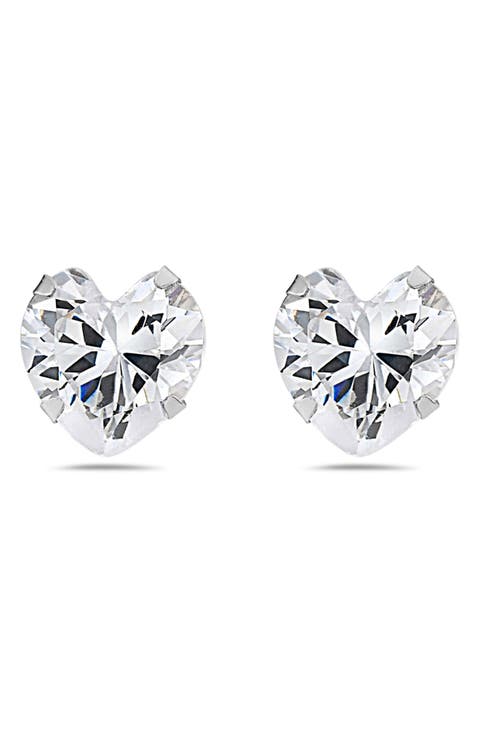 14K White Gold Prong Set CZ Heart Stud Earrings