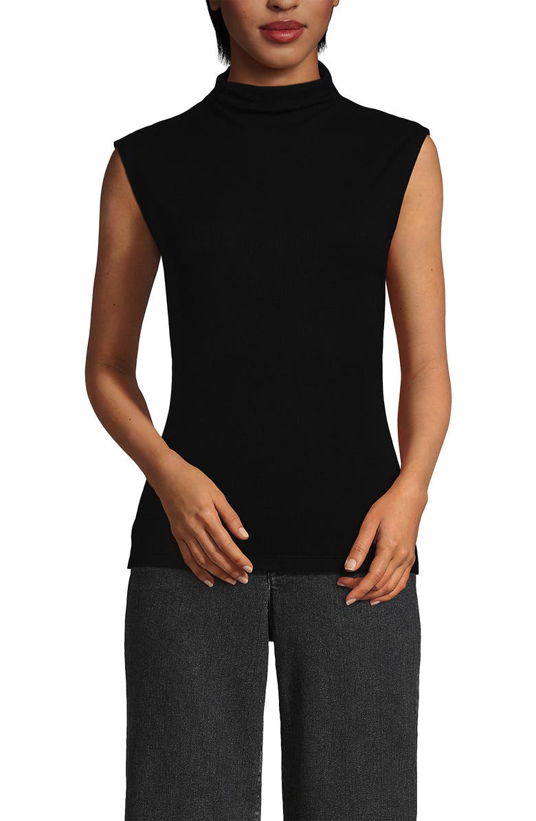 Lands' End Cap Sleeve Drapey Rib Fitted Funnel Neck Tank, Main, color, Black