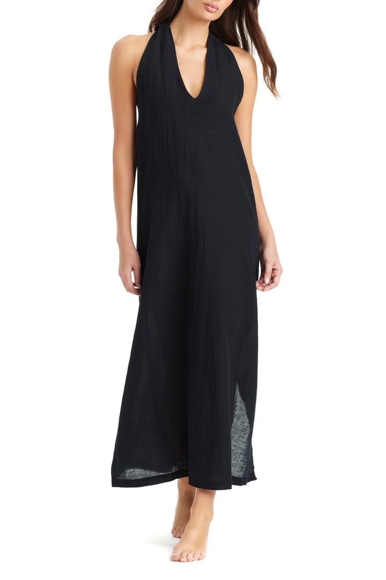 Twist Neck Cotton & Linen Cover-Up Dress, Main, color, BLACK