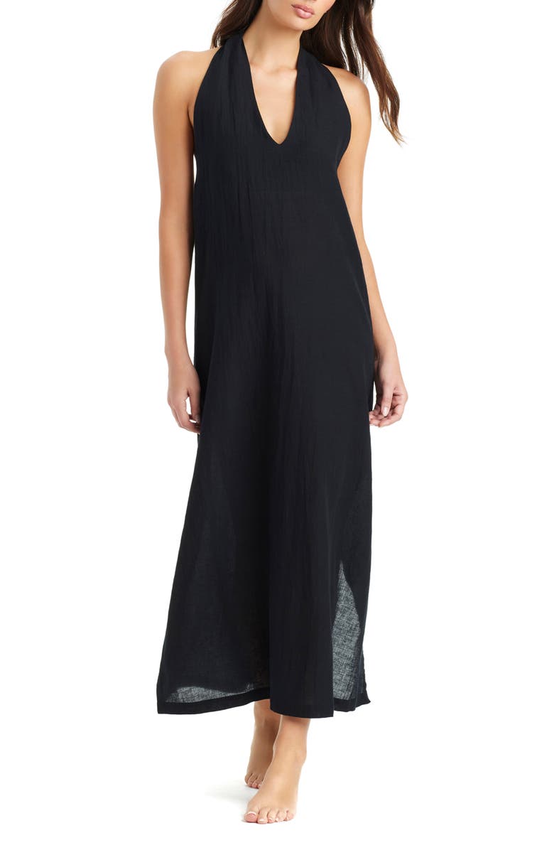 Sanctuary Twist Neck Cotton & Linen Cover-Up Dress, Main, color, Black