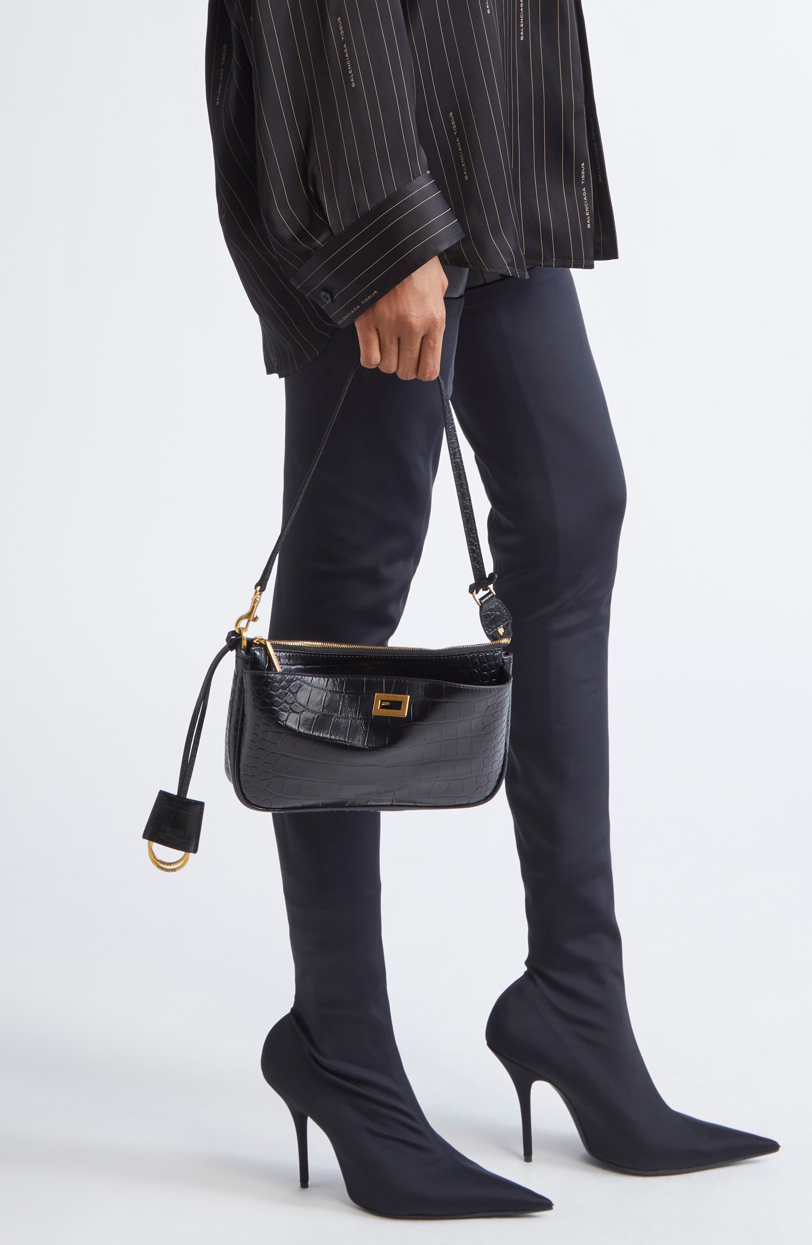 Balenciaga Rodeo Sling Croc Embossed Leather Pouchette, Alternate, color, 