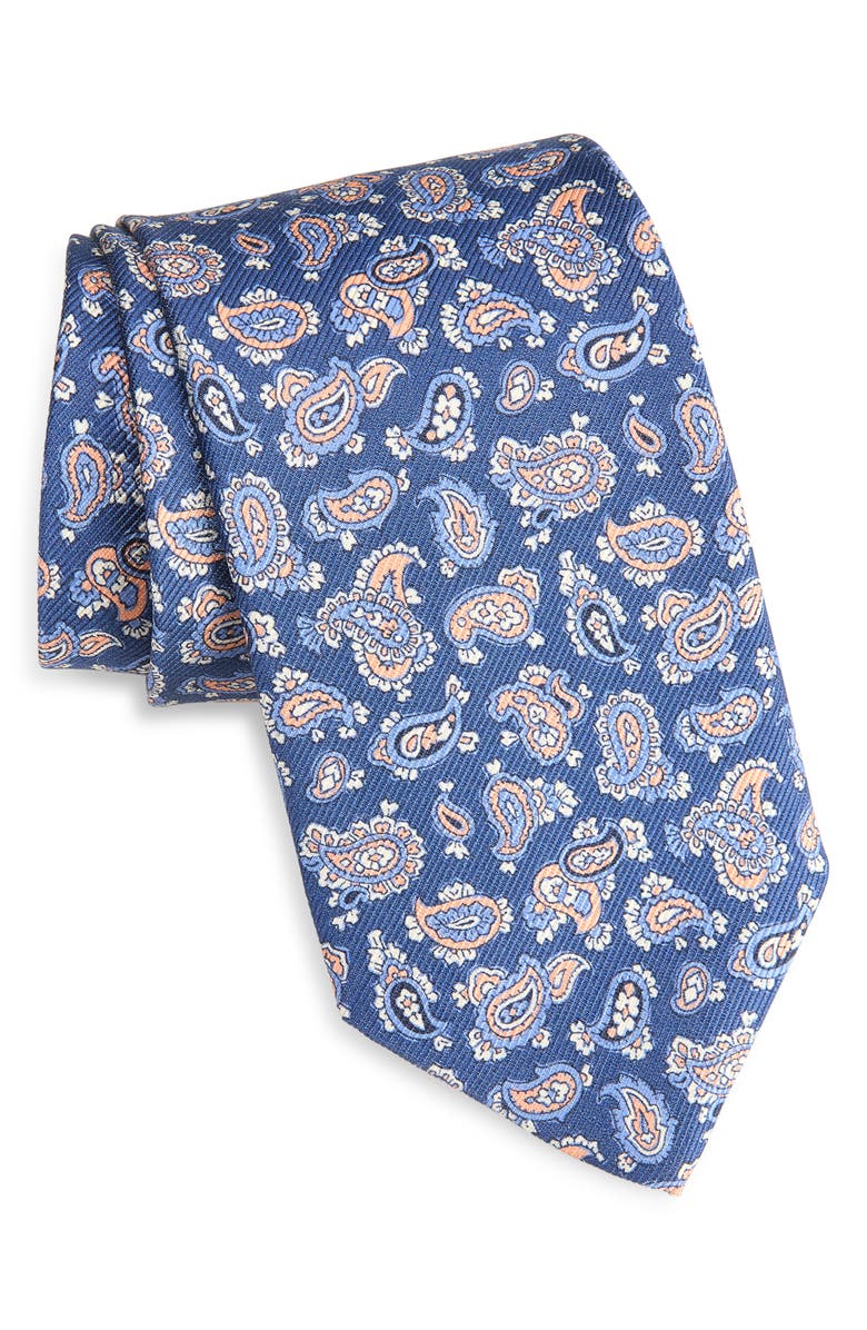 David Donahue Paisley Print Silk Tie, Main, color, Navy