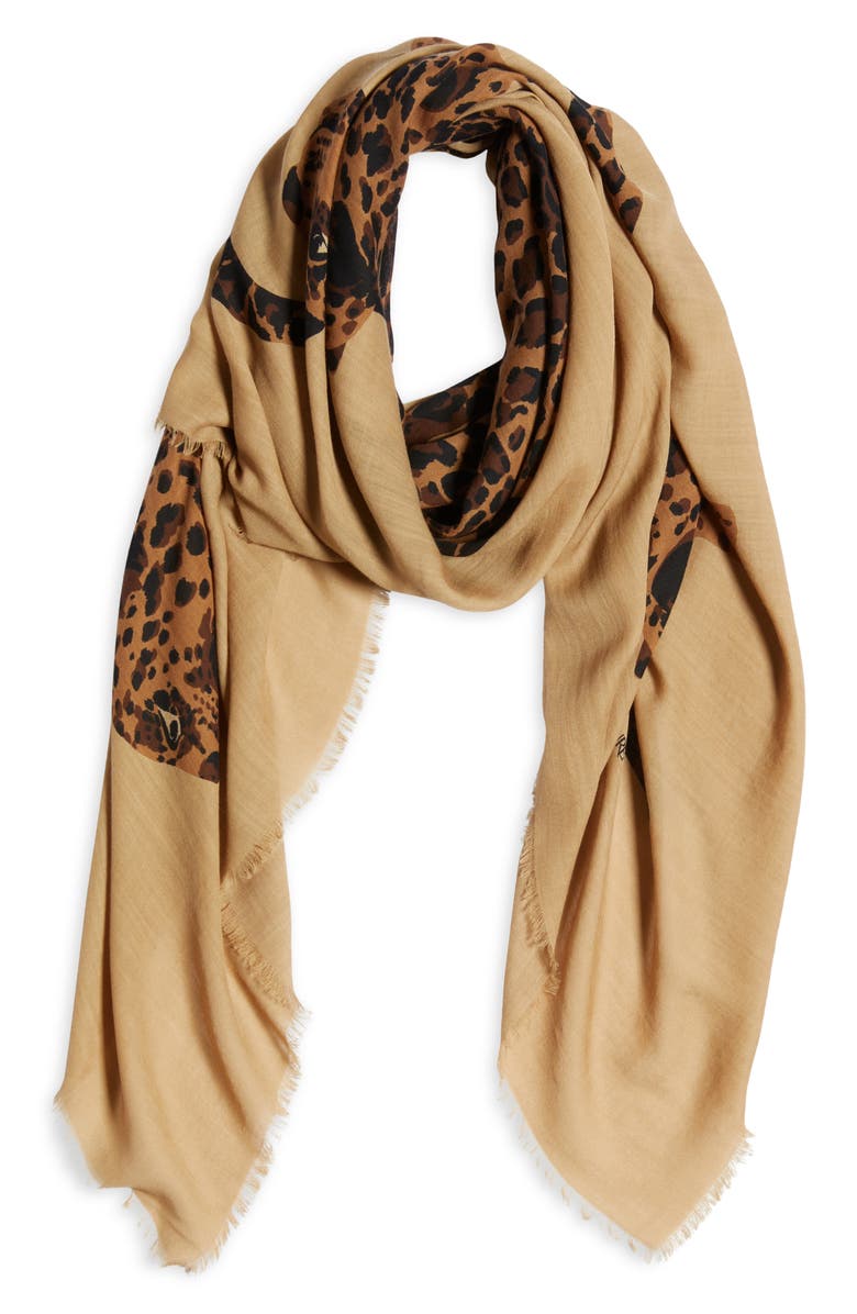 Saint Laurent Leopard Print Wool Fringe Scarf, Alternate, color, Shell/ Multicolor
