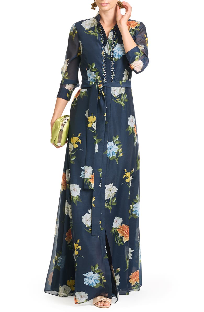 Sachin & Babi Addison Embellished Tie Waist Gown, Main, color, Navy Wildlfowers