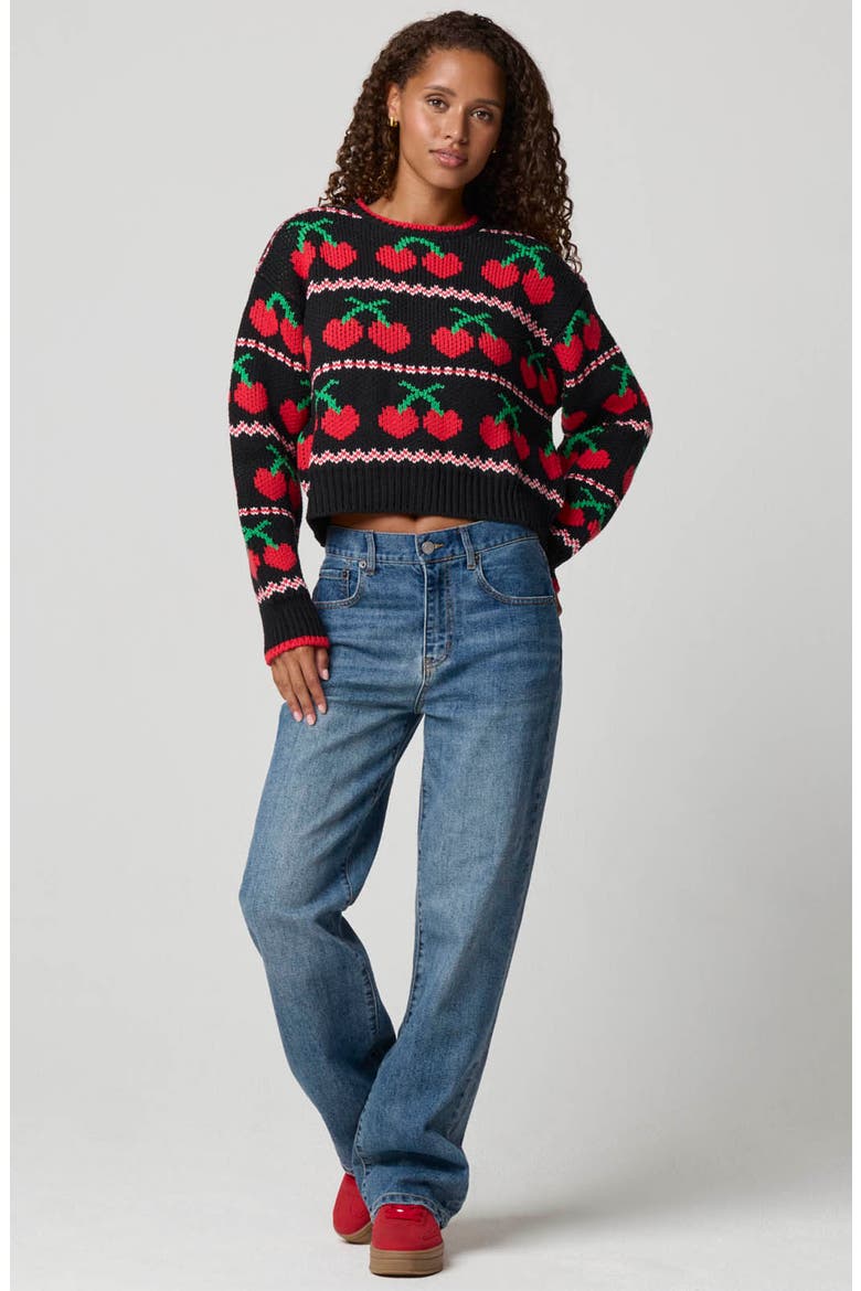 Cherry Crewneck Crop Sweater, Alternate, color, BLACK