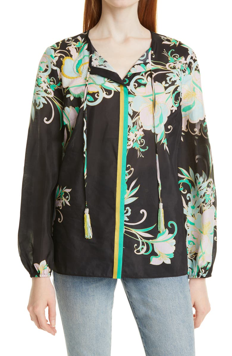 KOBI HALPERIN Christine Floral Tie Neck Cotton & Silk Blouse, Main, color, 