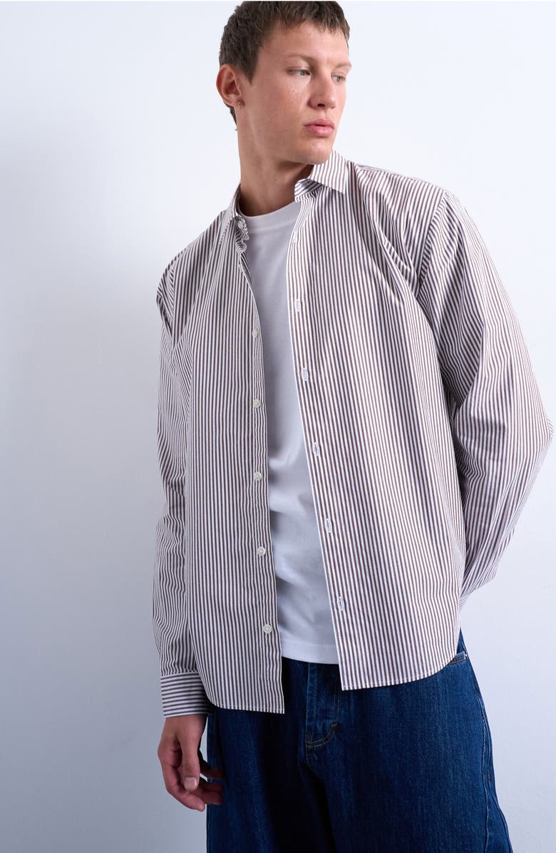 Topman Relaxed Fit Stripe Button-Up Shirt, Main, color, Brown