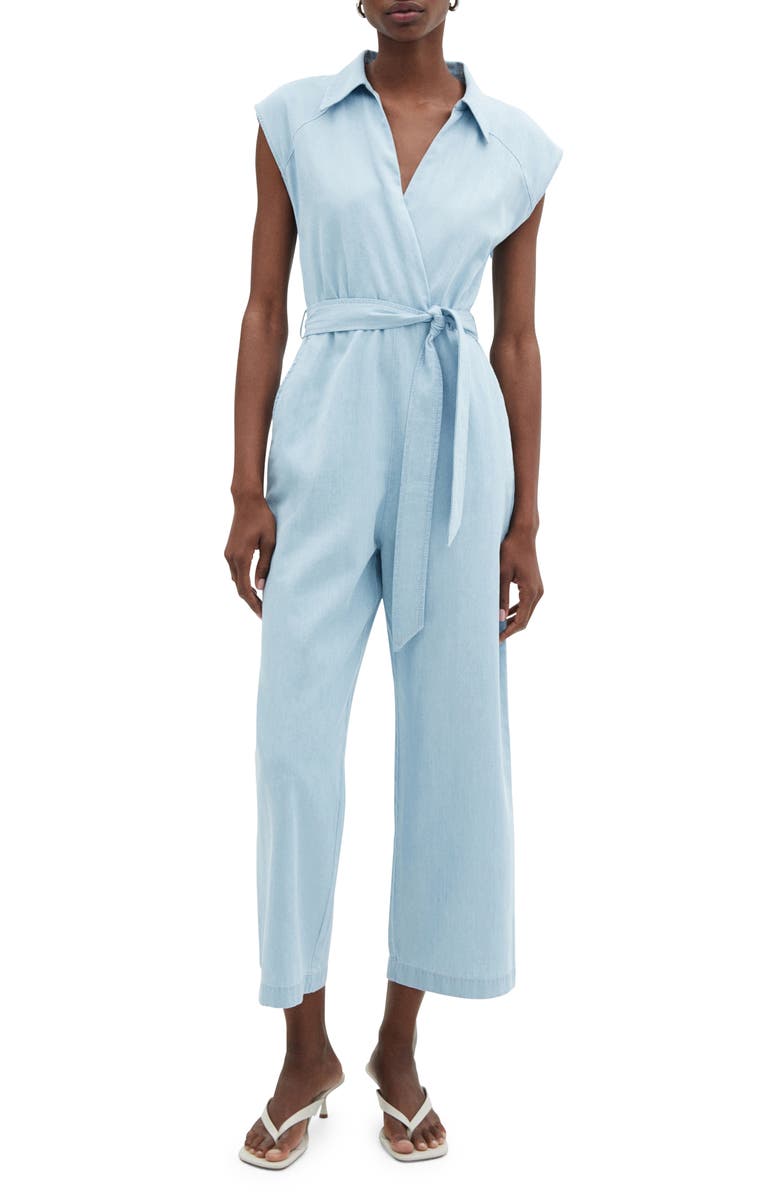 MANGO Belted Chambray Jumpsuit, Main, color, 