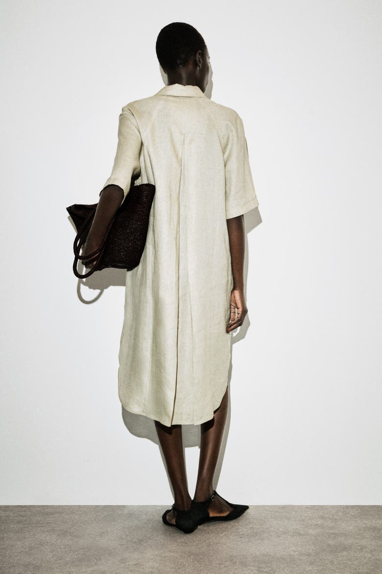Short-Sleeved Linen Shirt Dress, Alternate, color, BEIGE
