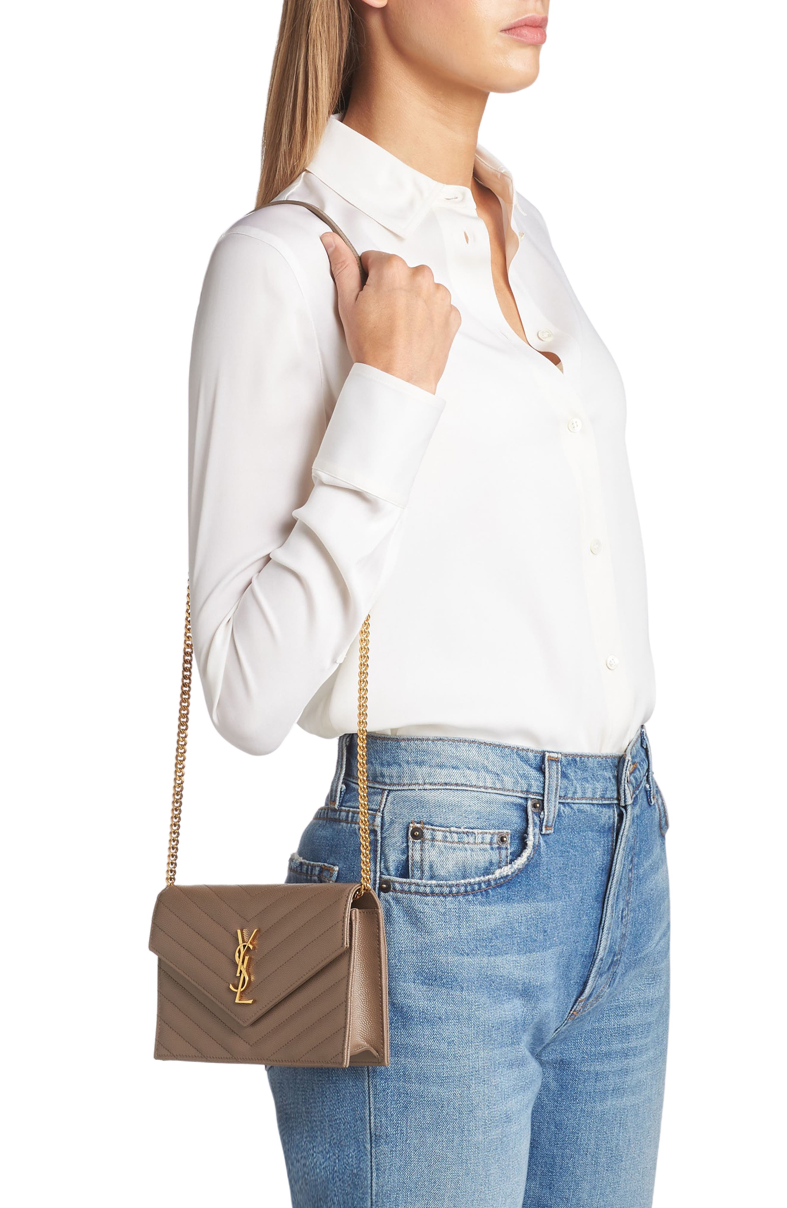 Cassandre Matelassé Leather Envelope Wallet on a Chain, Alternate, color, TAUPE