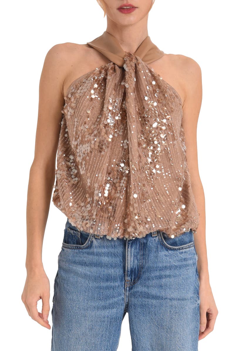 CIEBON Mae Sequin Twist Neck Sleeveless Top, Main, color, Tan
