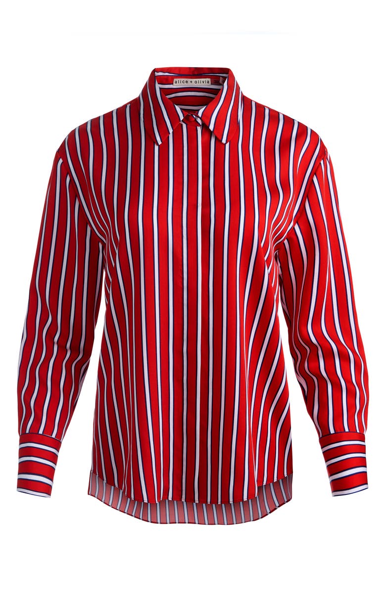 Alice + Olivia Dimitra Oversize Stripe Button-Up Shirt, Alternate, color, Teakwood Chili Pepper