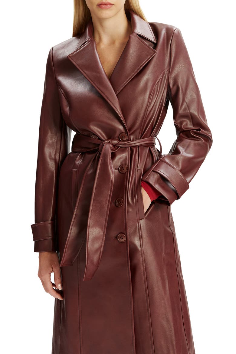 Double Breasted Faux Leather Longline Coat, Alternate, color, BURGUNDY