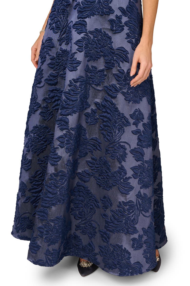 Floral Jacquard Off the Shoulder Gown, Alternate, color, NAVY