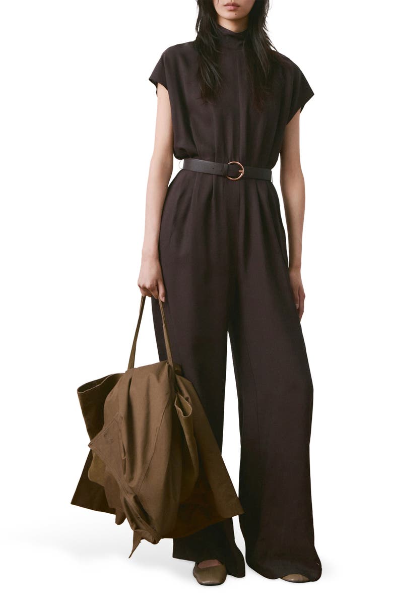 MANGO Cap Sleeve Belted Jumpsuit, Main, color, Chocolate
