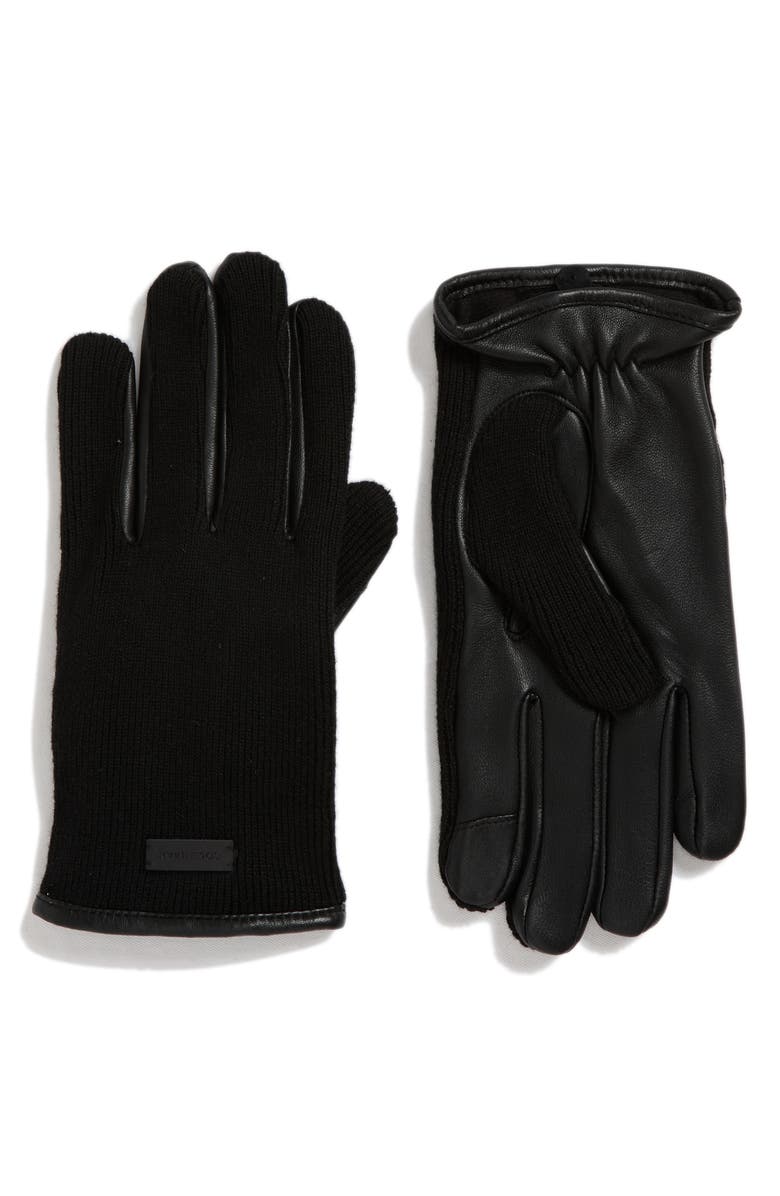 Cole Haan Heritage Leather & Knit Gloves, Main, color, Caviar