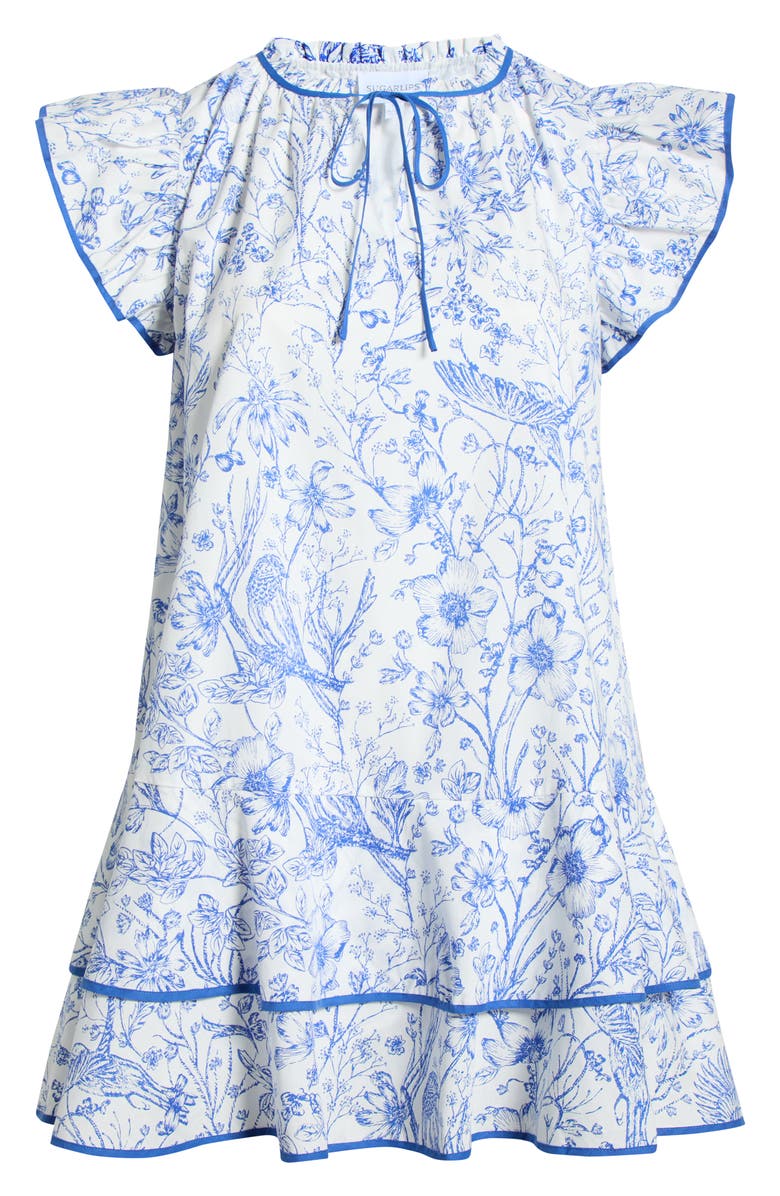 SUGARLIPS Eve Floral Taris Ruffe Cotton Minidress, Alternate, color, White/ Blue
