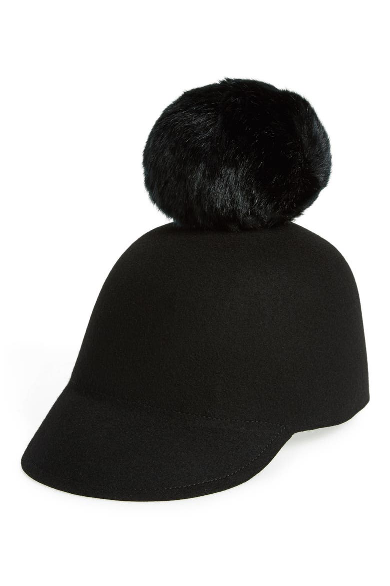 faux fur pompom cap, Main, color, BLACK/ BLACK