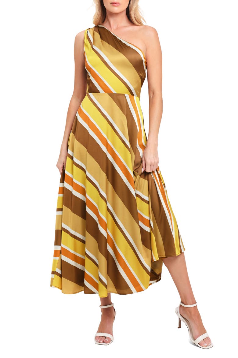 Print Midi Dress, Main, color, BROWN GOLD