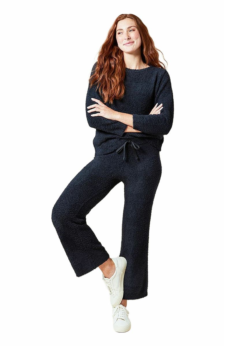 Softies Solid Marshmallow Reverse Seam Crew Neck Lounge Set with Bracelet Sleeve, Main, color, Black