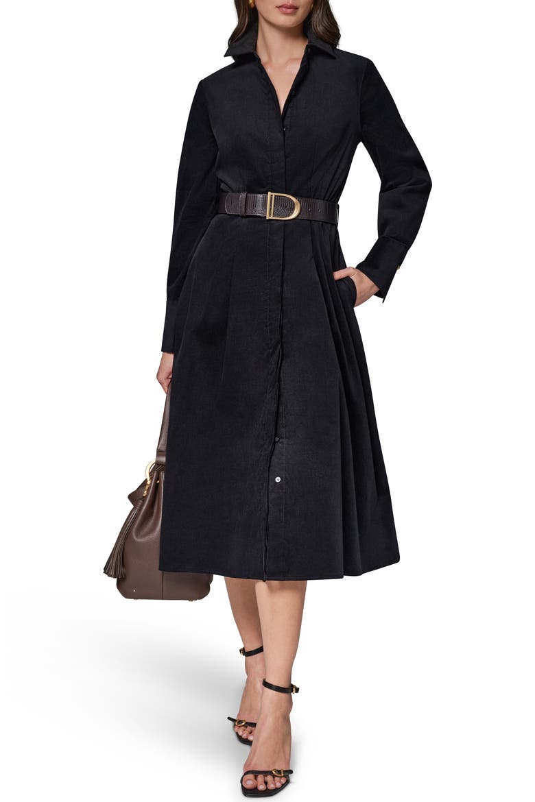 Belted Corduroy Midi Shirtdress, Alternate, color, BLACK