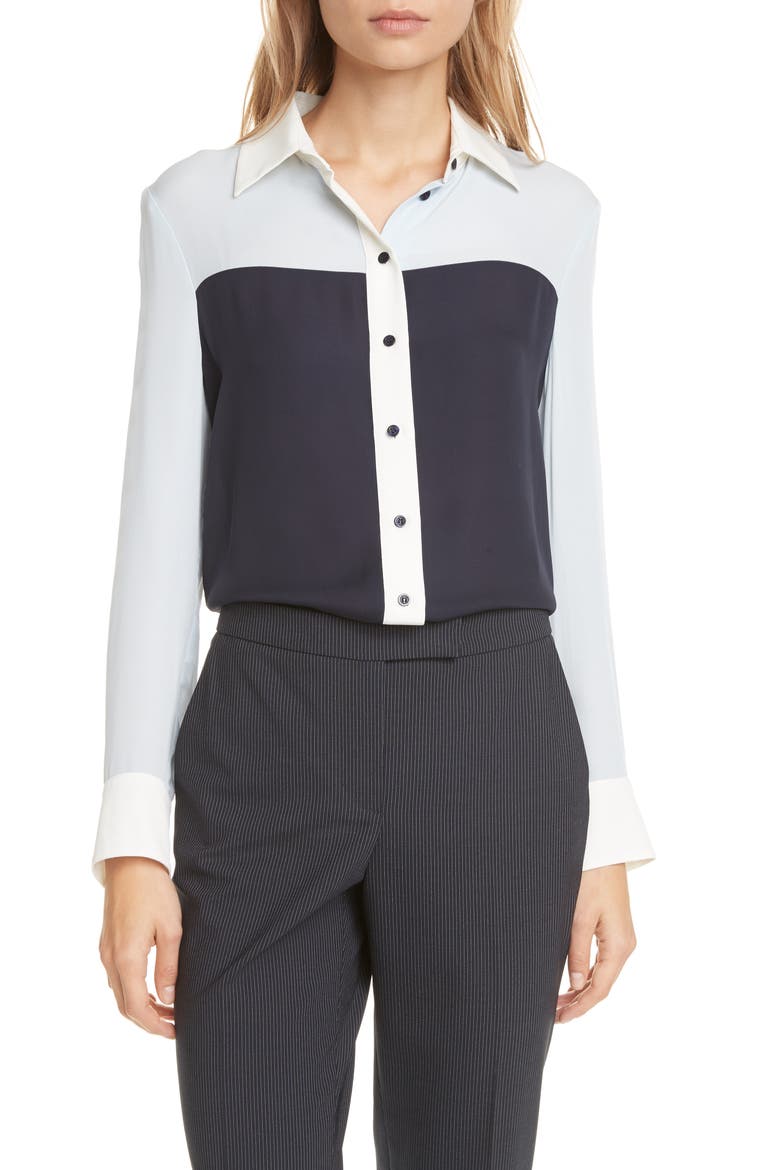 Lia Silk Button-Up Blouse, Main, color, NAVY COMBO