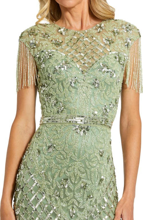 Mac Duggal High Neck Sleeveless Beaded Fringe Fitted Gown In Sage