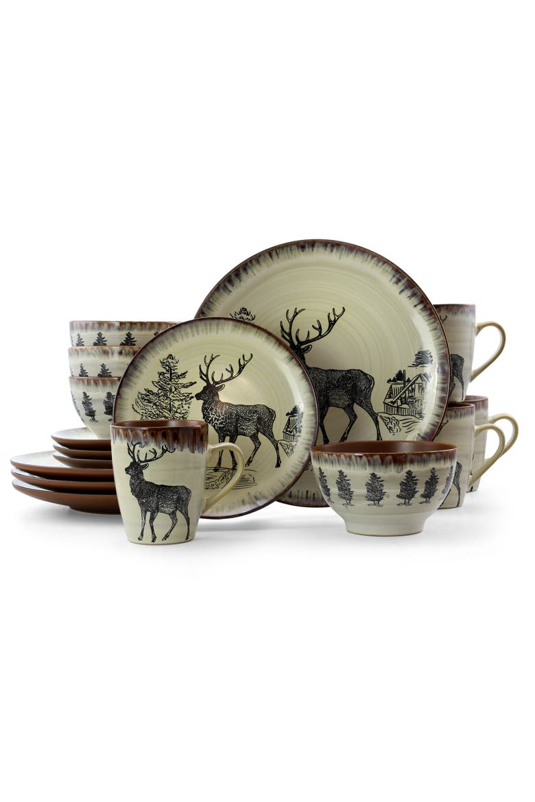 Majestic Elk 16 Piece Luxurious Stoneware Dinnerware, Main, color, Beige