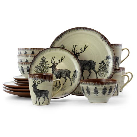 Majestic Elk 16 Piece Luxurious Stoneware Dinnerware with Complete Setting for 4