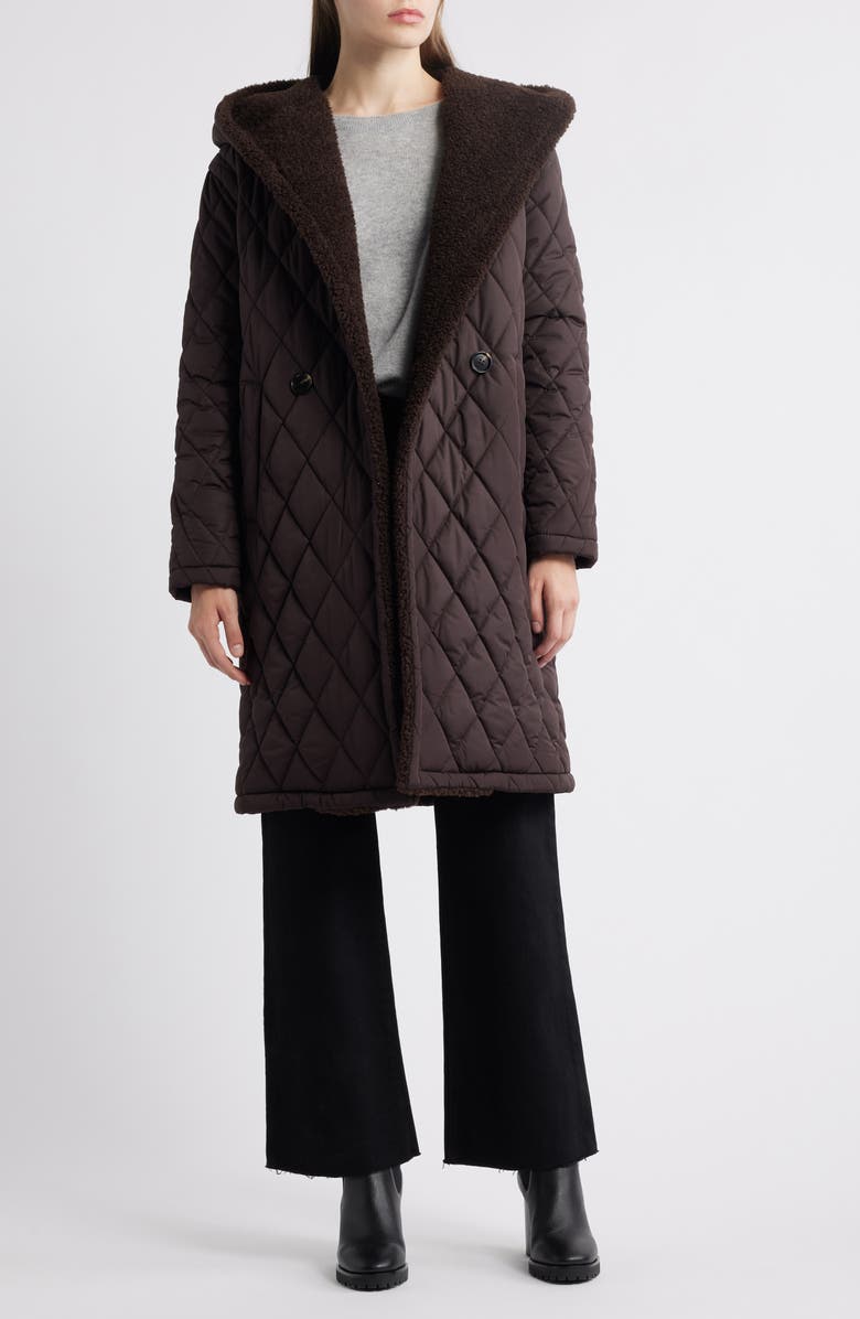 Michael Kors Faux Shearling Lined Quilted Hooded Coat, Alternate, color, Chocolate