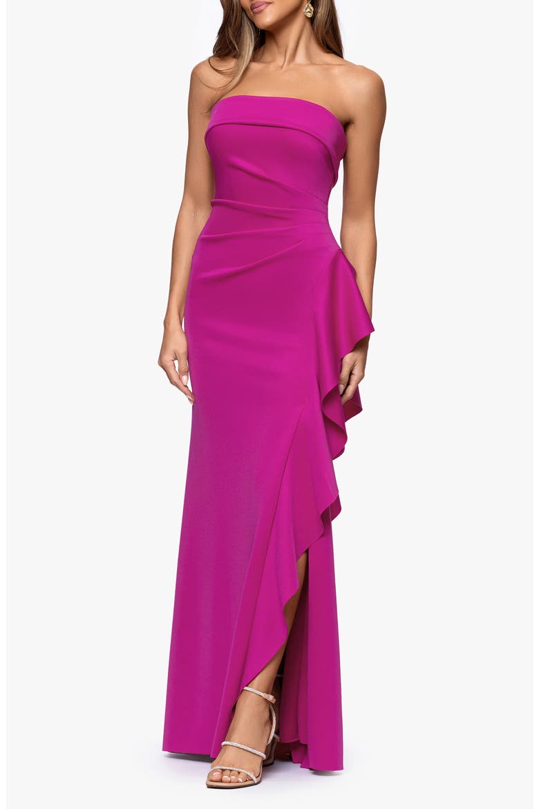 Ruffle Strapless Scuba Crepe Gown, Alternate, color, ORCHID