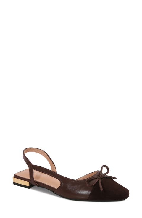 Bow Toe Cap Faux Leather Slingback Flat