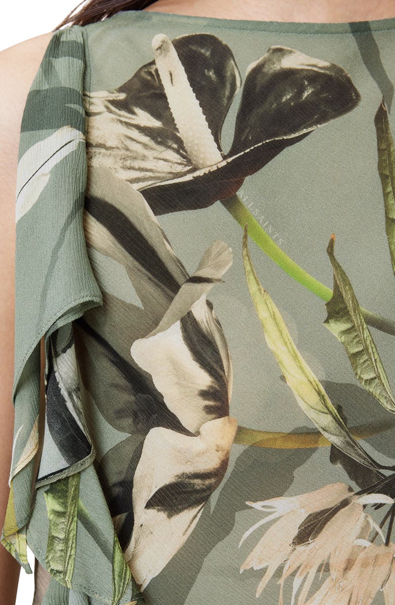 AllSaints Bettie Botanical Print Sleeveless Ruched Top, Alternate, color, Emerge Olive Green