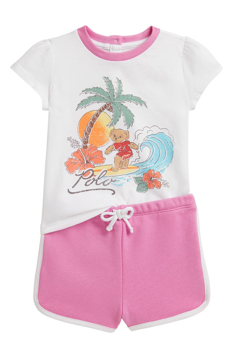 Ralph Lauren Polo Bear Jersey Graphic T-Shirt & Terry Shorts Set, Main, color, White