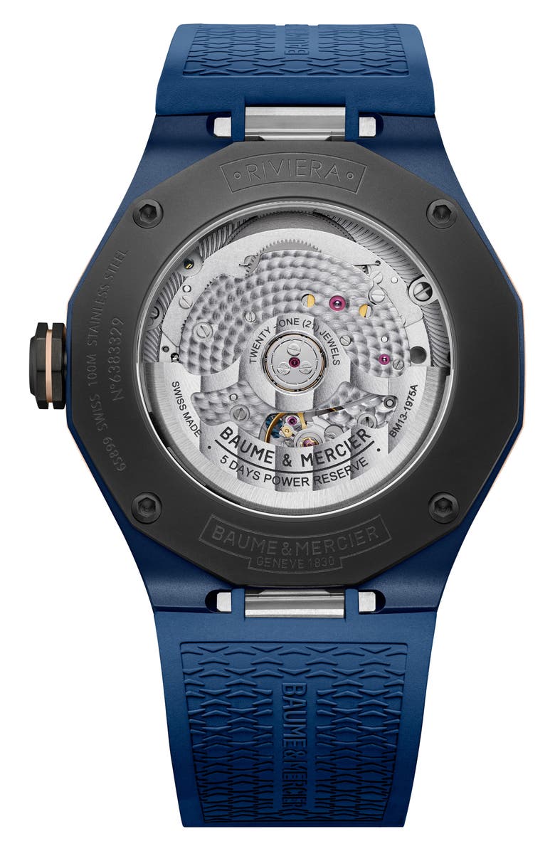 Baume & Mercier Riviera 10769 Rubber Strap Watch, 42mm, Alternate, color, Smoked Blue Sapphire