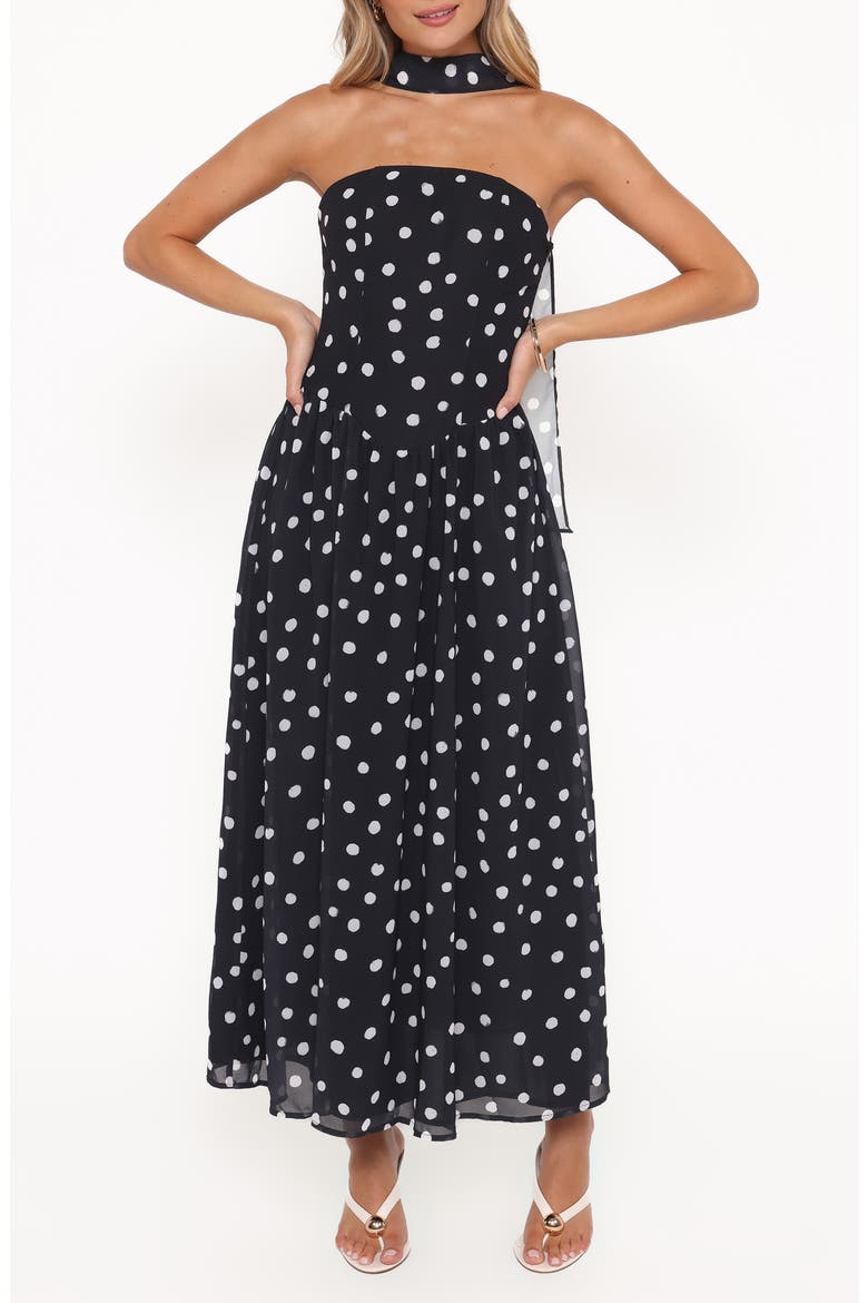 Boston Dot Strapless Maxi Dress with Scarf, Main, color, BLACK POLKA DOT