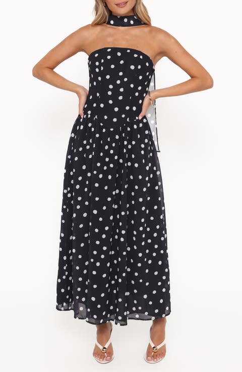 Boston Dot Strapless Maxi Dress with Scarf