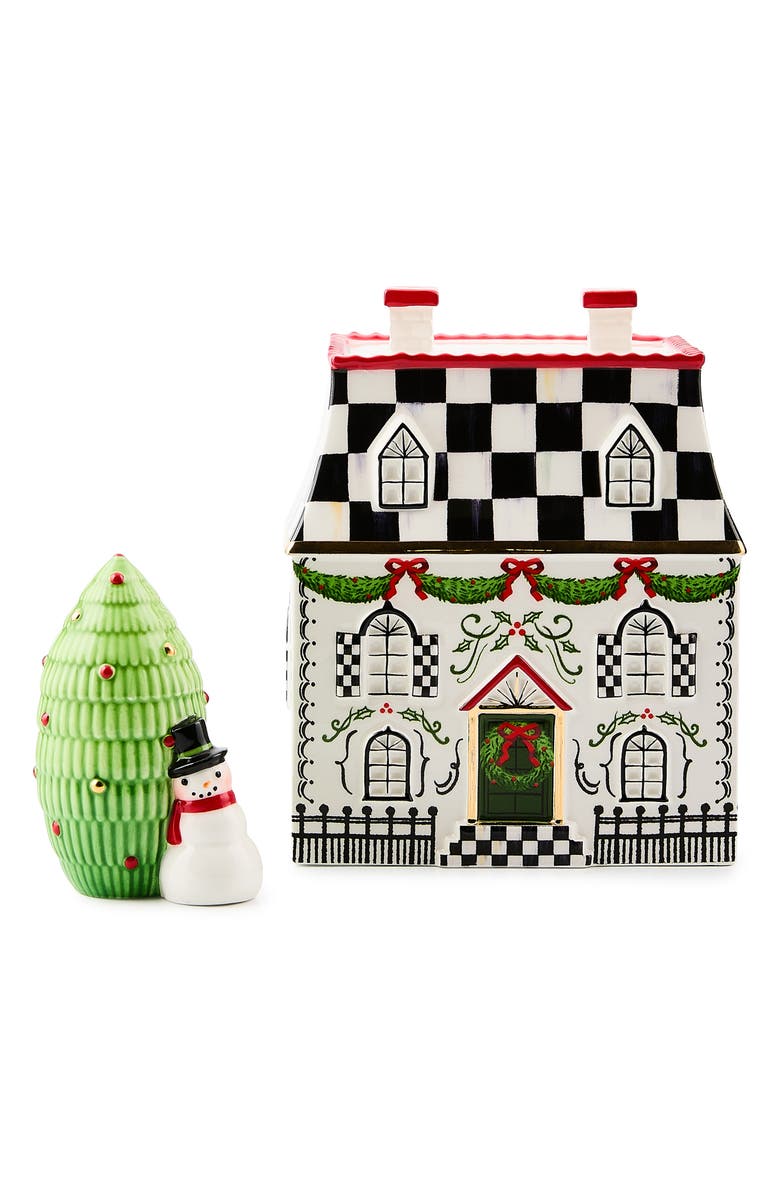 MACKENZIE CHILDS Holly Village Illuminated Ceramic Gingerbread Villa & Tree, Main, color, White