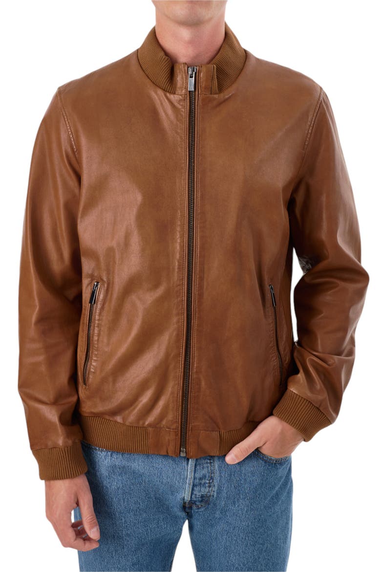 Zip Leather Jacket, Alternate, color, COGNAC