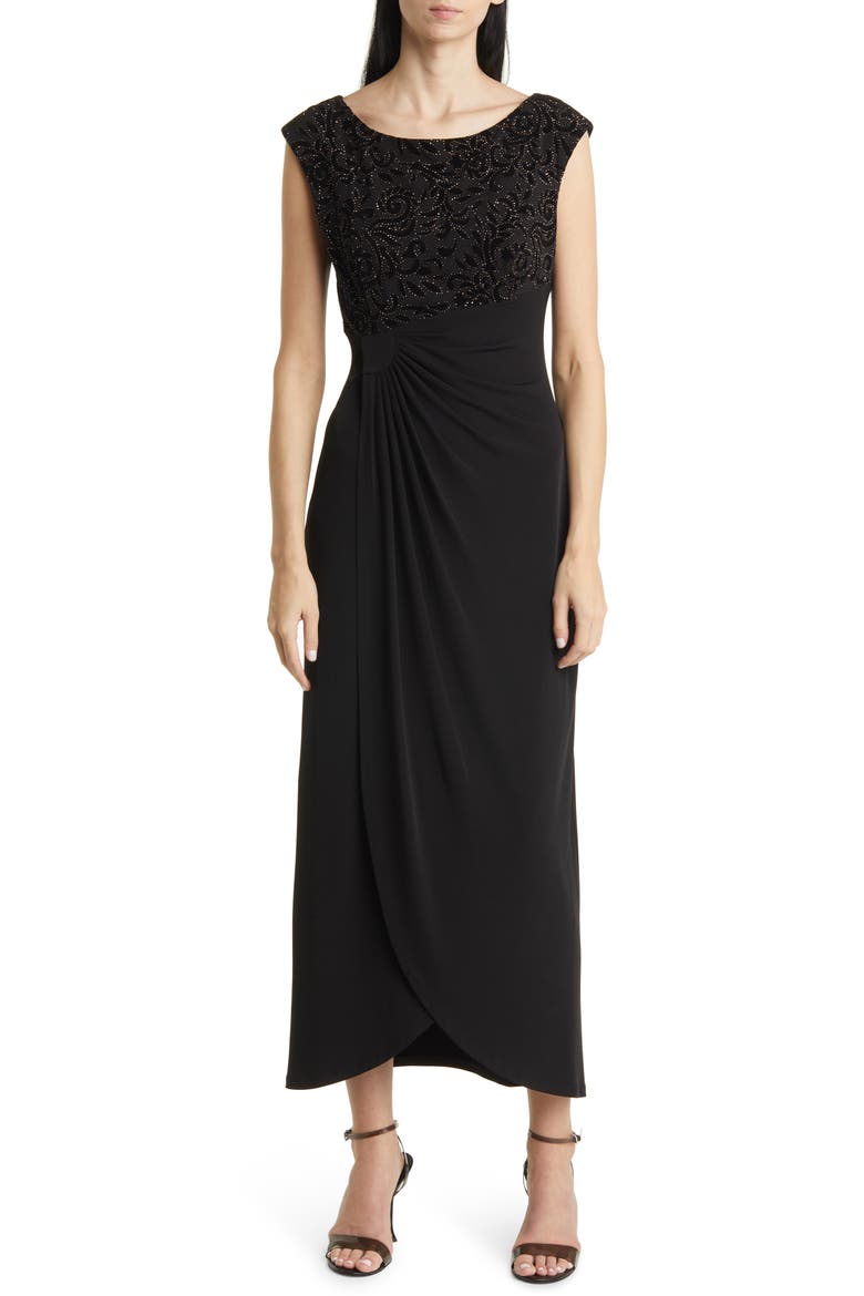 Beaded Bodice Cap Sleeve Faux Wrap Cocktail Dress, Main, color, GOLD