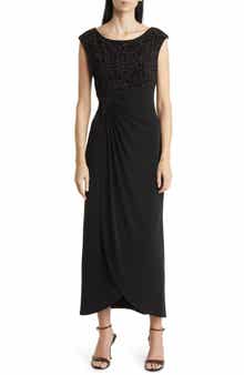 Beaded Bodice Cap Sleeve Faux Wrap Cocktail Dress