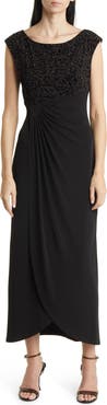 Connected Apparel Beaded Bodice Cap Sleeve Faux Wrap Cocktail Dress
