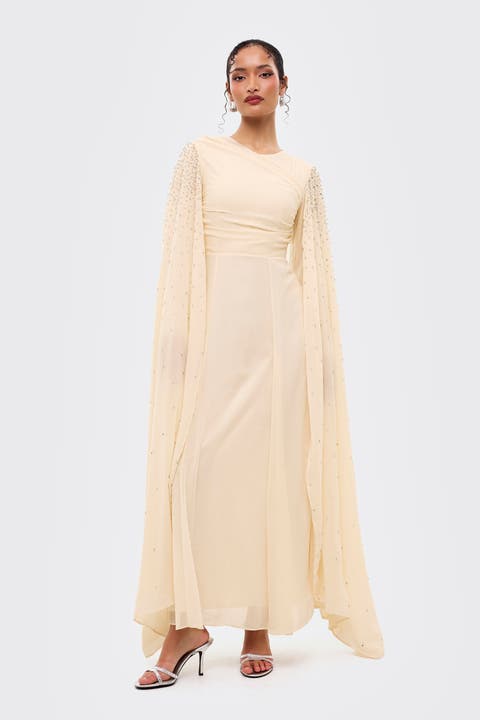 Modest Cape Embellished Sequins Maxi Dress
