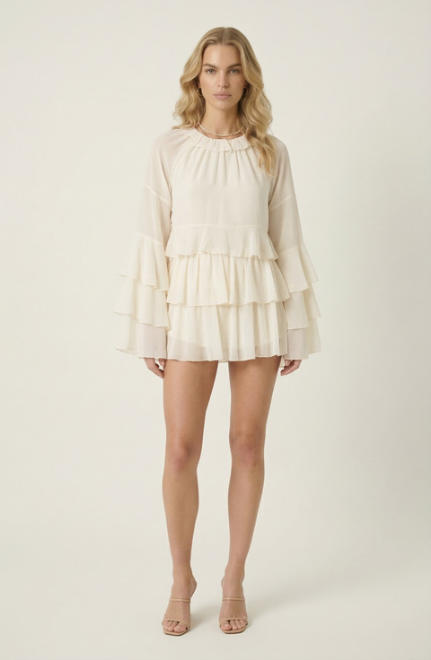 Ruffle Tier Mini Skirt Set with Long Sleeve Blouse