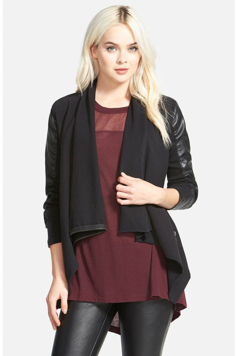 'Private Practice' Drape Front Mixed Media Jacket, Alternate, color, BLACK