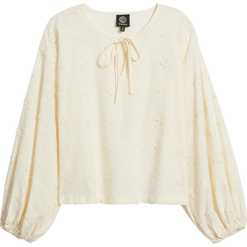 Bobeau Balloon Sleeve Tie Neck Cotton Top In White