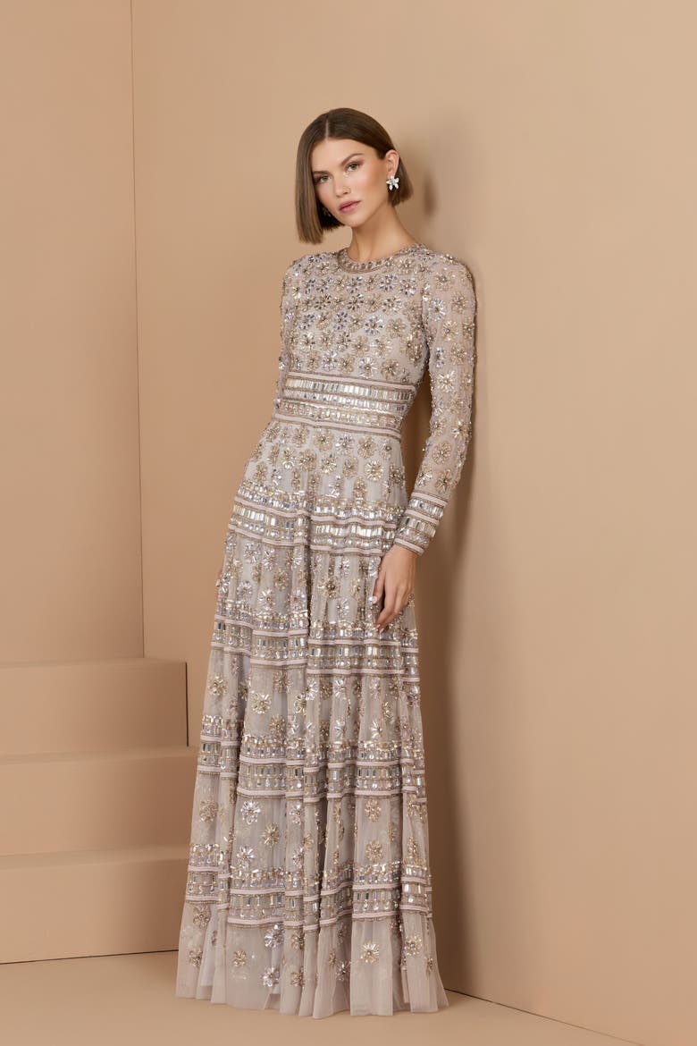 Embellished Mesh Sheer Long Sleeve A Line Gown, Alternate, color, Vintage Lilac