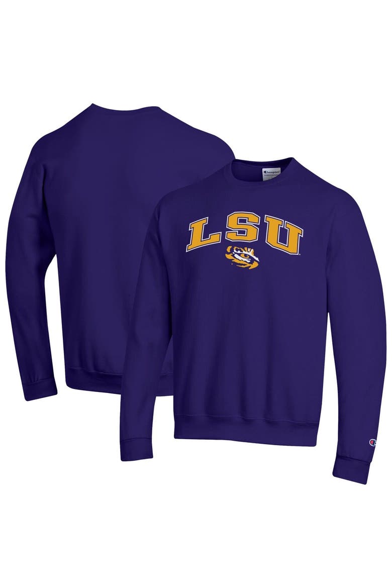 Men's Champion  Purple LSU Tigers Arch Over Logo Pullover Sweatshirt, Alternate, color, Purple