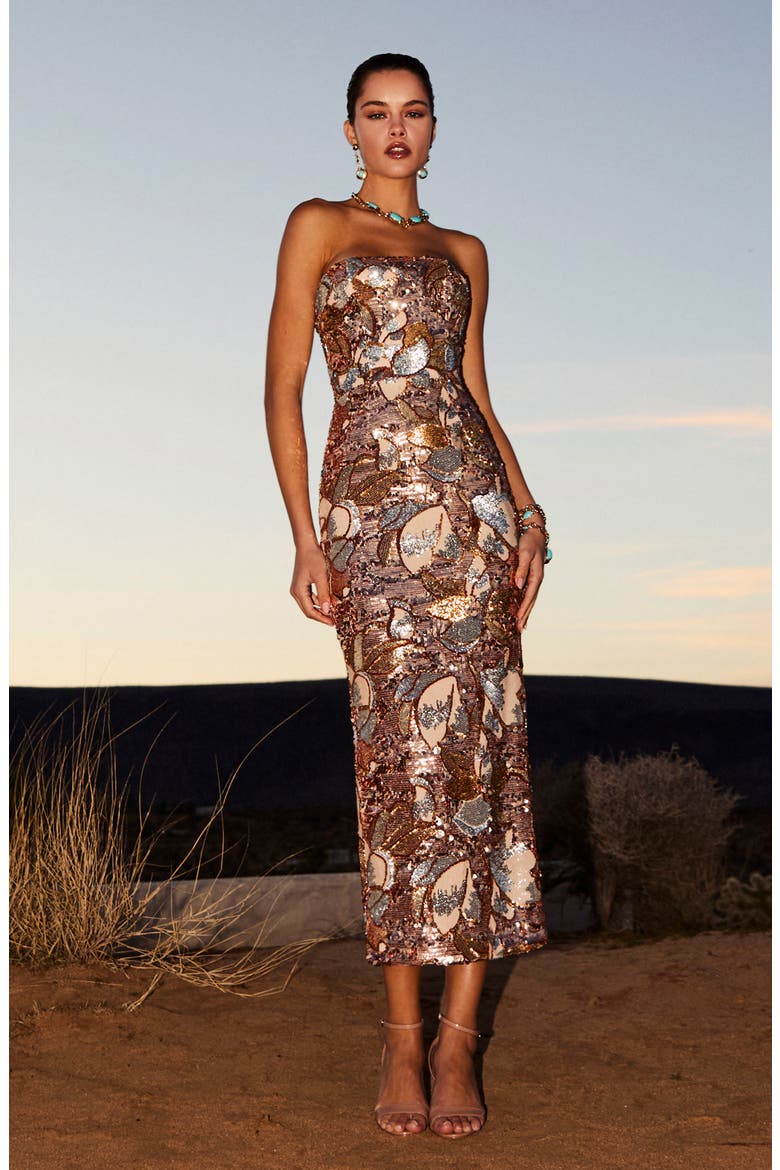 Leslie Pattern Sequin Strapless Gown, Alternate, color, GOLD/ PLATINUM